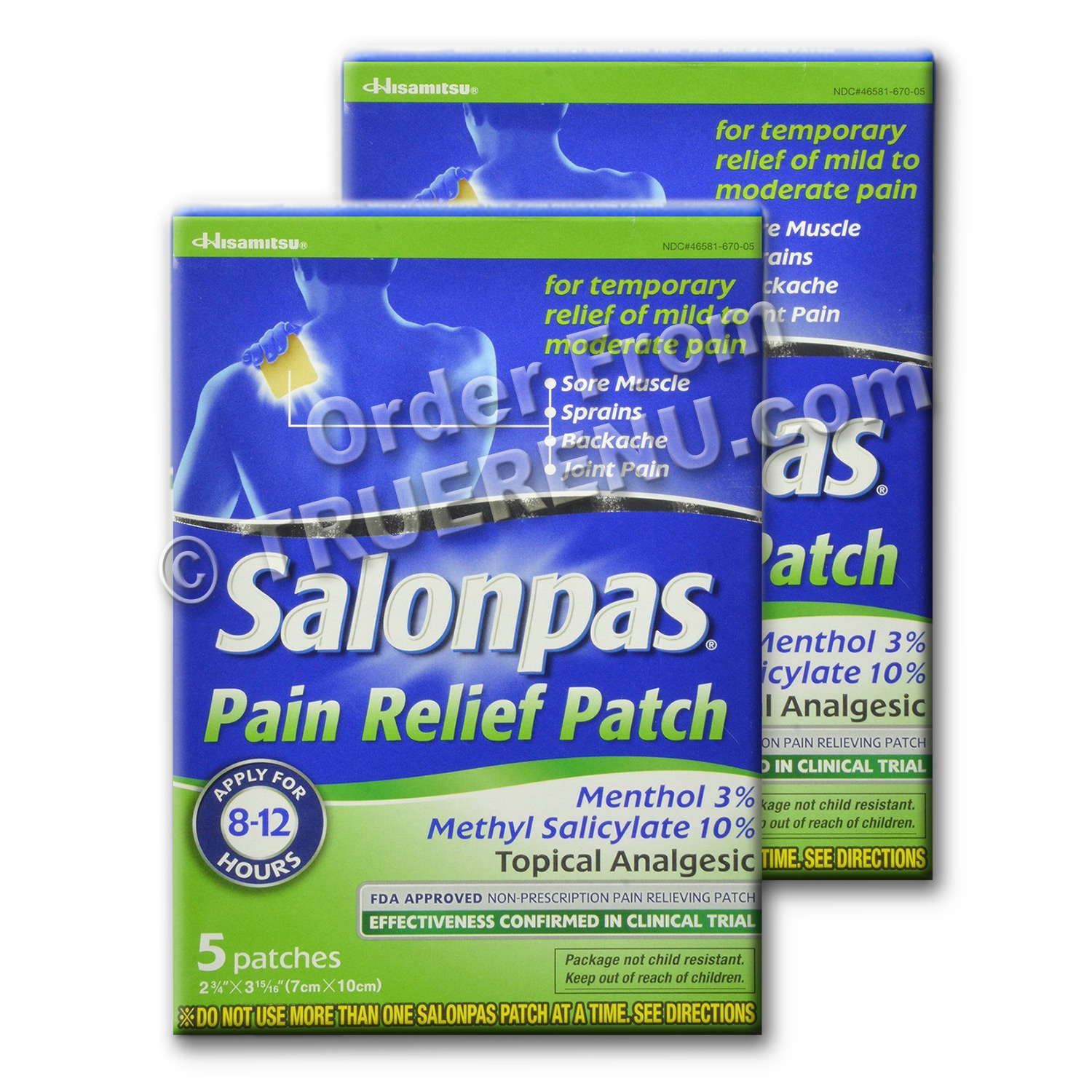 PHOTO TO COME: SALONPAS Ultrathin Pain Relief Patches - - 2 PAK of 5 = 10 total - SAVE $$$ !