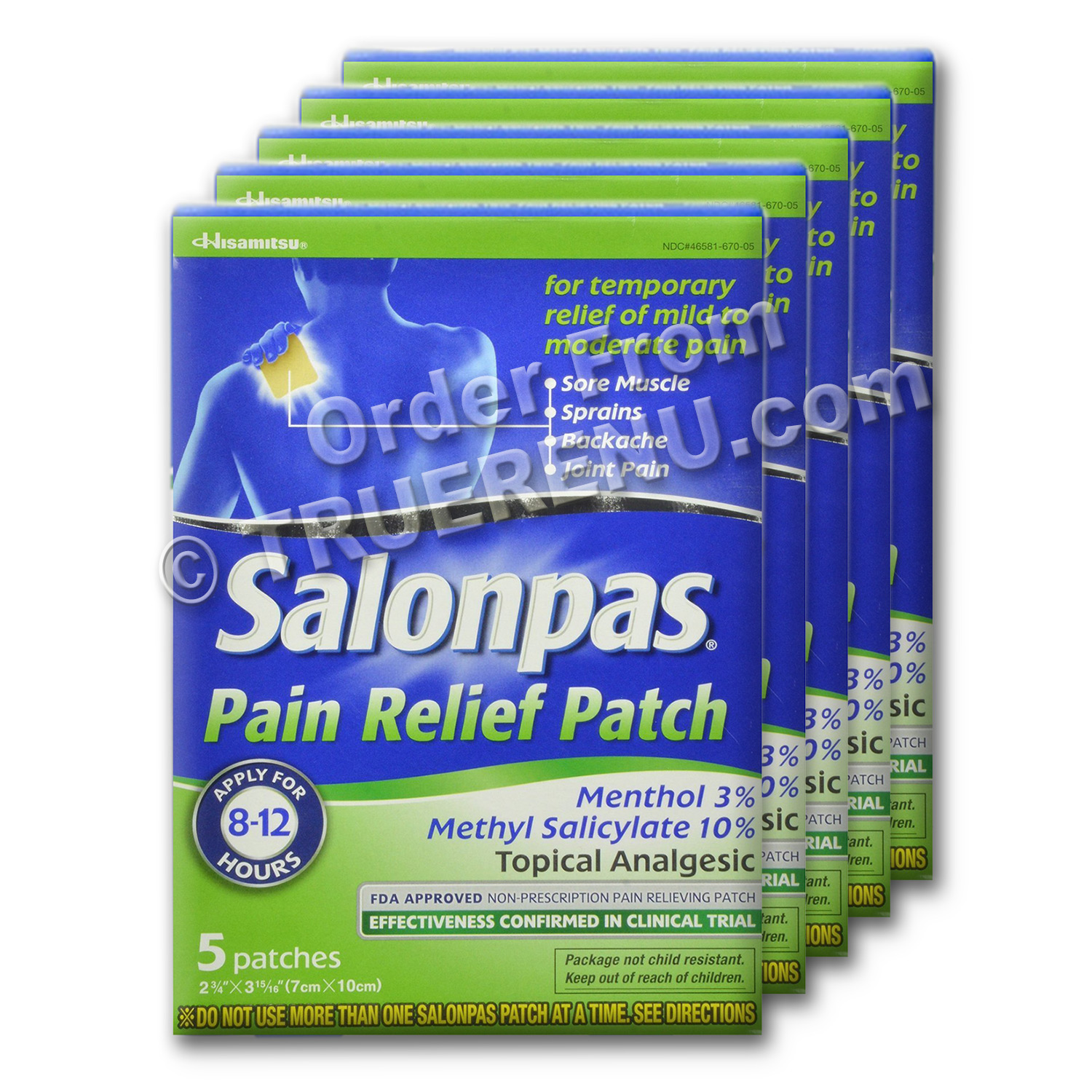 PHOTO TO COME: SALONPAS Ultrathin Pain Relief Patches - - 5 PAK of 5 = 25 total - SAVE $$$ !